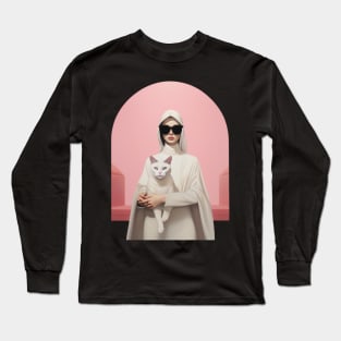 Realistic Cat Lady: Soft Pink & White Woman with Sunglasses and Cat Long Sleeve T-Shirt